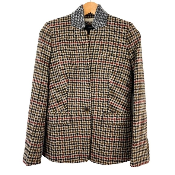 J.Crew Blazer Regent Wool Houndstooth Tan Jewel Jacket Sz 0 - Picture 4 of 10